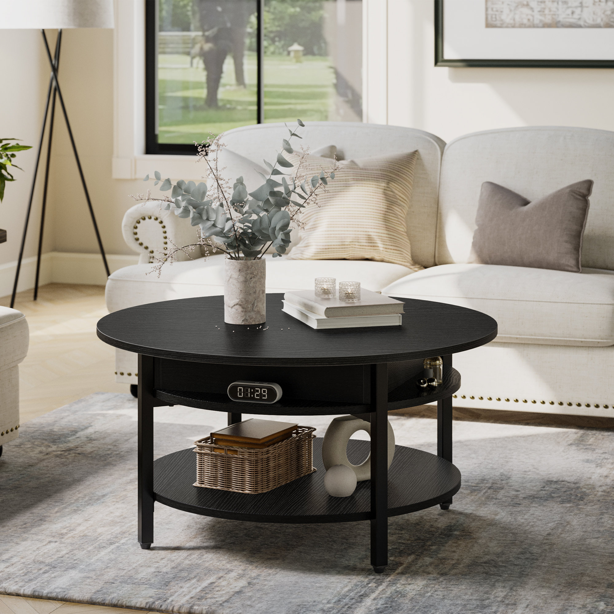 17 Stories Wynny 27"W Lift-Top Wood Coffee Table, Small Round Cocktail Table with Storage ...